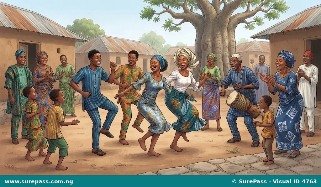 People performing a vibrant traditional Nigerian dance, illustrating non-material culture.
