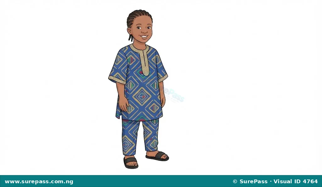 A colourful drawing of a child in traditional Nigerian attire with cultural patterns.