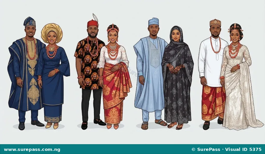 A comparison of traditional outfits from Yoruba, Igbo, Hausa, and Efik cultures.