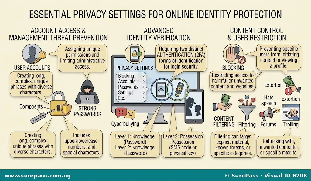 Diagram showing privacy settings like blocking, user accounts, strong passwords, content filtering, and two-factor authentication.