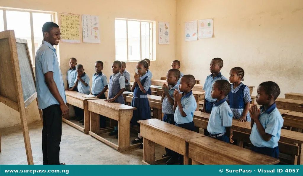 Primary 1 students standing and greeting their male teacher in a Hausa classroom.