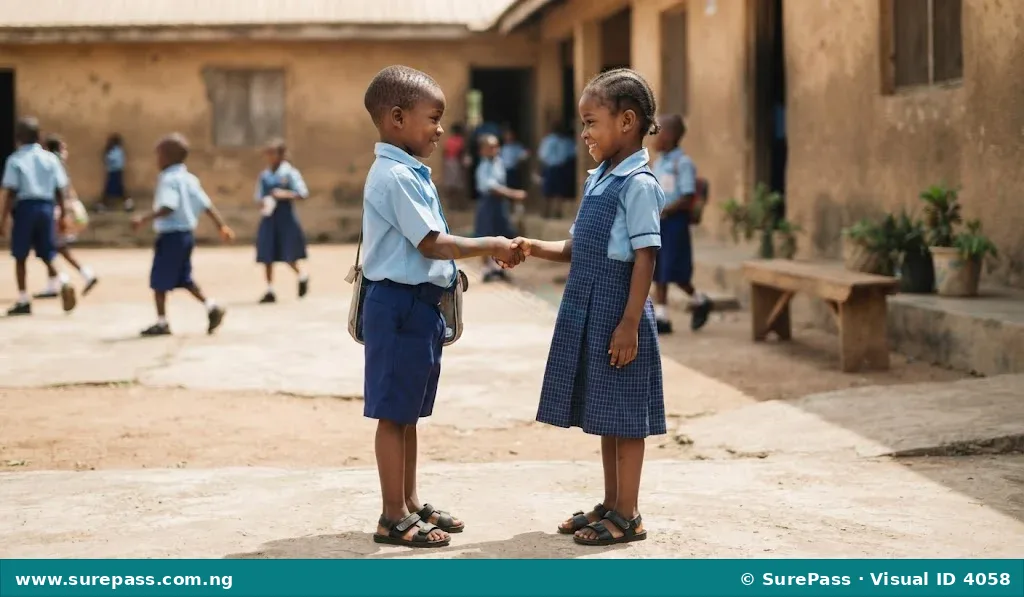 Two Primary 1 Hausa students greeting each other with smiles in a school compound.