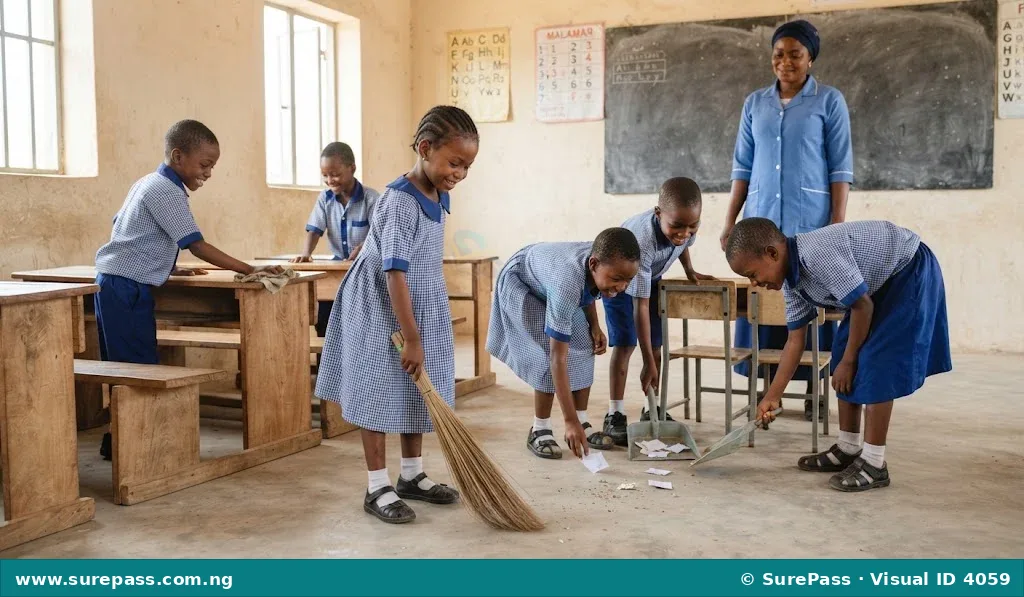 Primary 1 Hausa students working together to clean their classroom, sweeping and wiping desks.