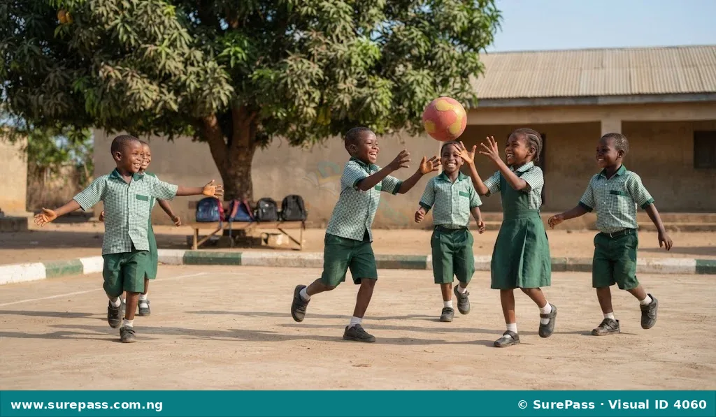Primary 1 Hausa students playing a game safely and happily in a school playground.