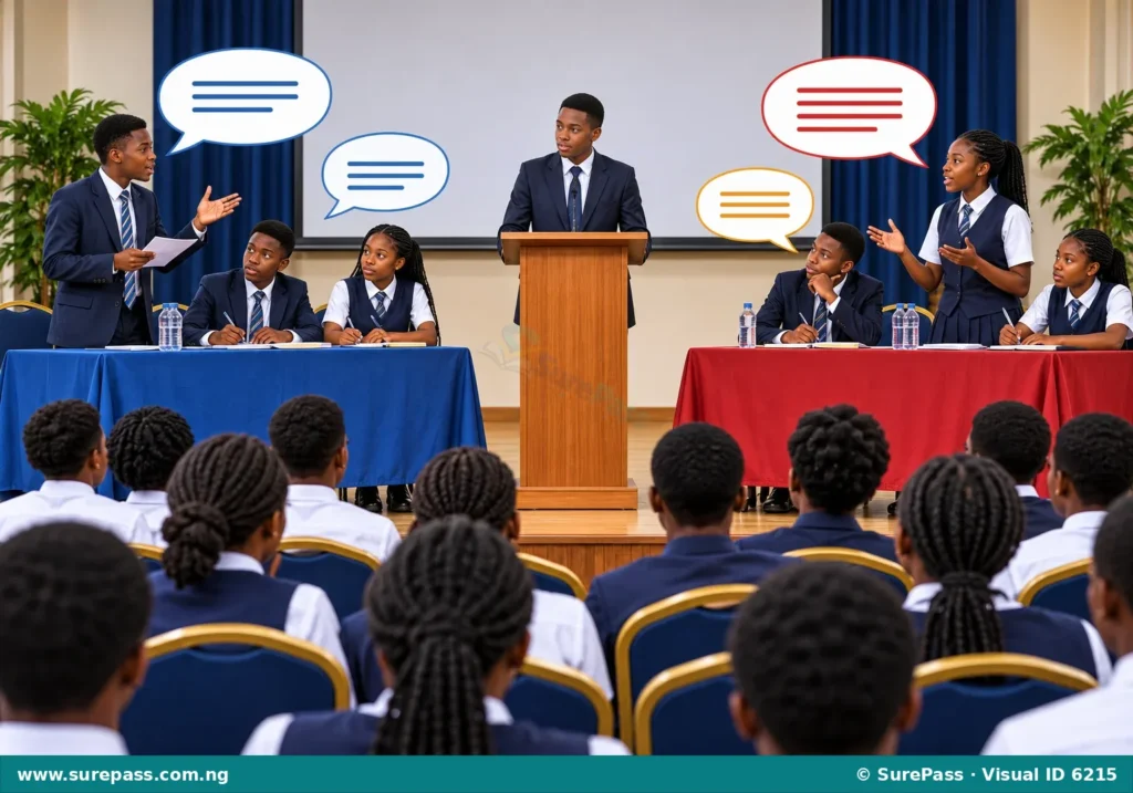 Illustration of a formal debate with two teams, a moderator, and an audience, showing structured discussion.