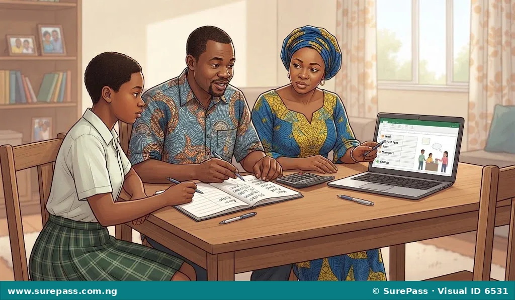 A Nigerian family sitting together at a table planning their household budget.