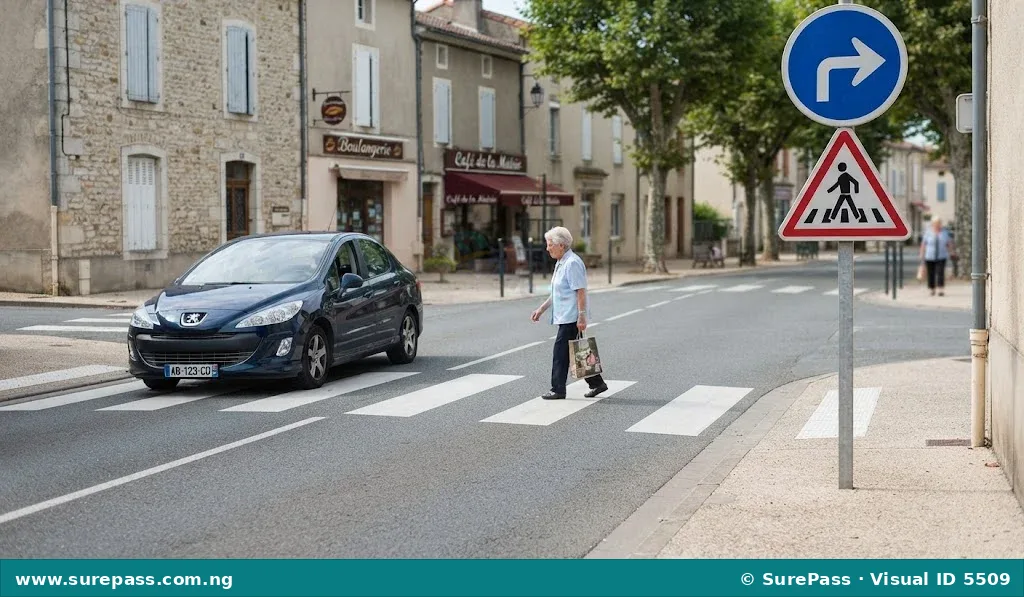 A street scene showing a car stopped at a pedestrian crossing with road signs nearby.