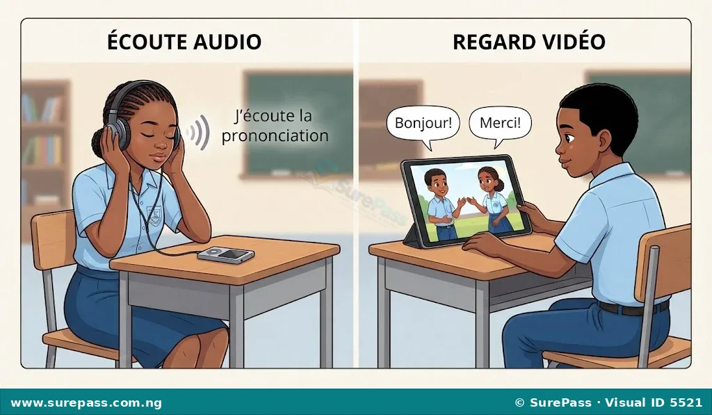 A comparison showing a student listening to an audio clip and another student watching a video clip.