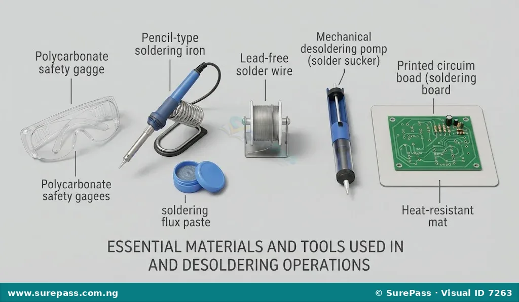 A collection of soldering and desoldering tools including a soldering iron, stand, solder wire, flux, desoldering pump, PCB, and safety goggles.