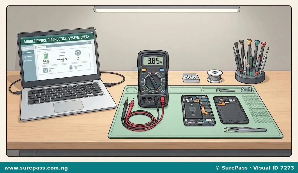 A technician's workbench with diagnostic tools, a multimeter, and a disassembled phone.