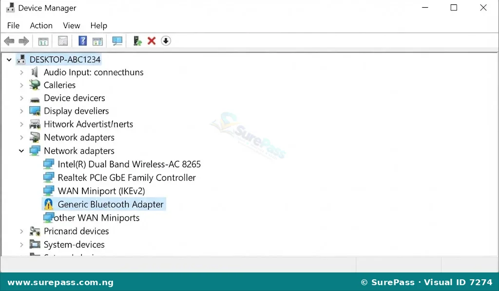 Windows Device Manager showing a hardware error icon.