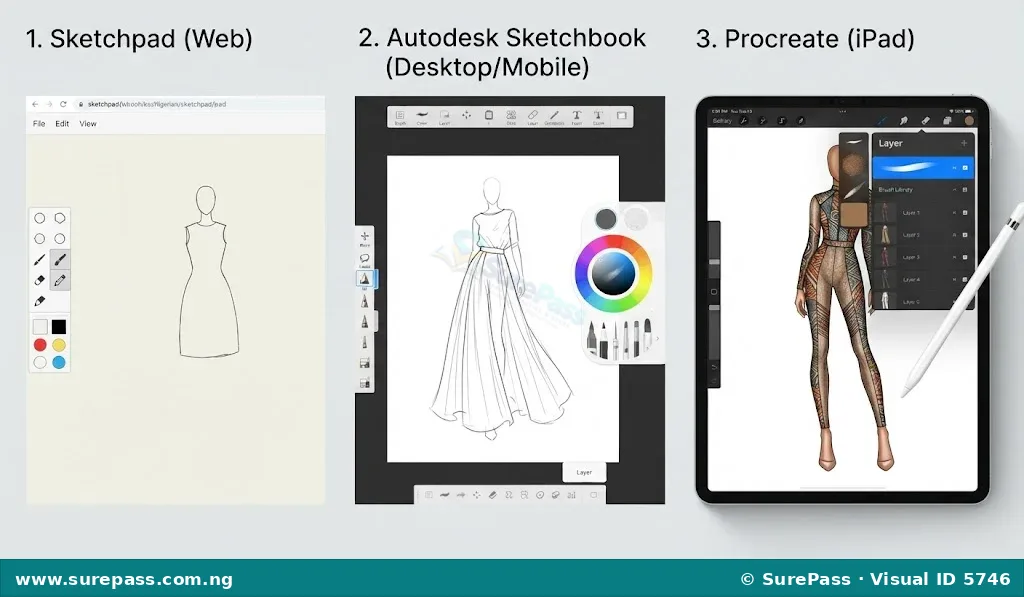 Comparison of Sketchpad, Autodesk Sketchbook, and Procreate interfaces.