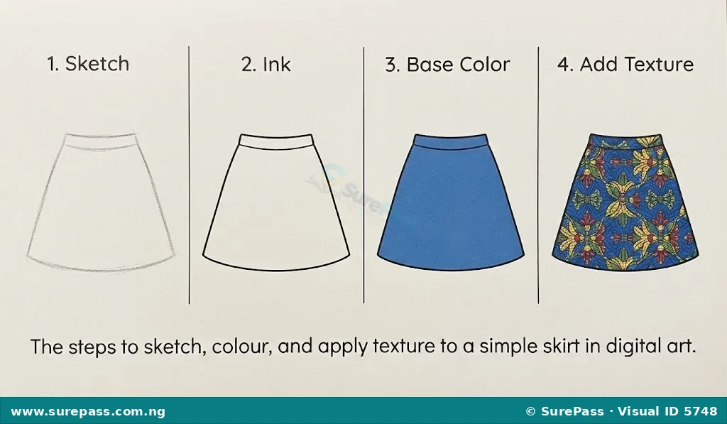 Step-by-step process of sketching and colouring a digital garment.