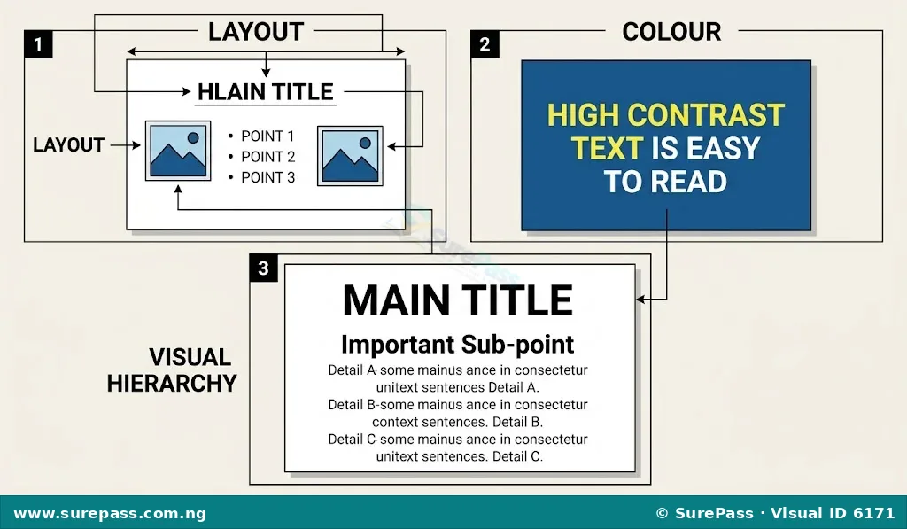 Diagram showing good presentation design principles: clear layout, contrasting colours, and visual hierarchy with larger titles.