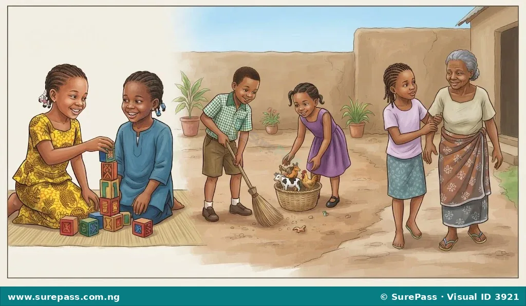 Children helping each other and sharing, showing how to serve God.