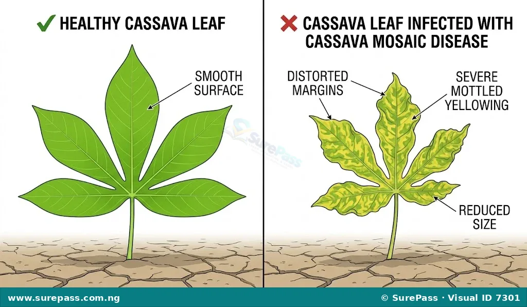 Side-by-side comparison of a healthy cassava leaf and a distorted, yellow-mottled leaf infected with Cassava Mosaic Disease.