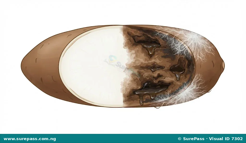 Cross-section of a stored yam tuber showing dark brown decayed tissue and fungal growth characteristic of yam tuber rot.