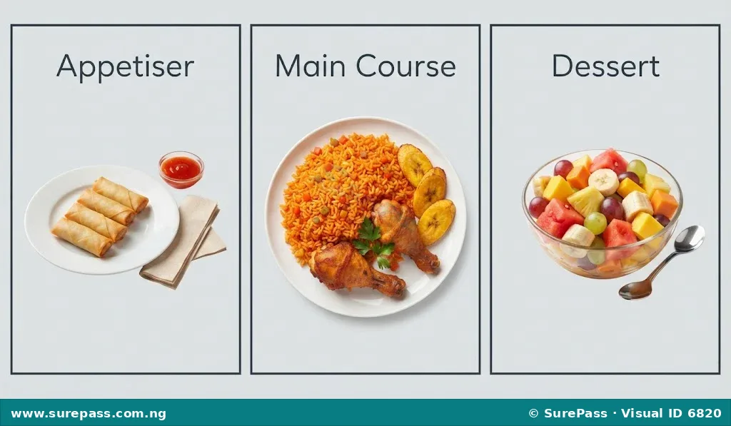 Three images showing a meal progression - spring rolls as an appetiser, Jollof Rice with chicken as a main course, and fruit salad as dessert.