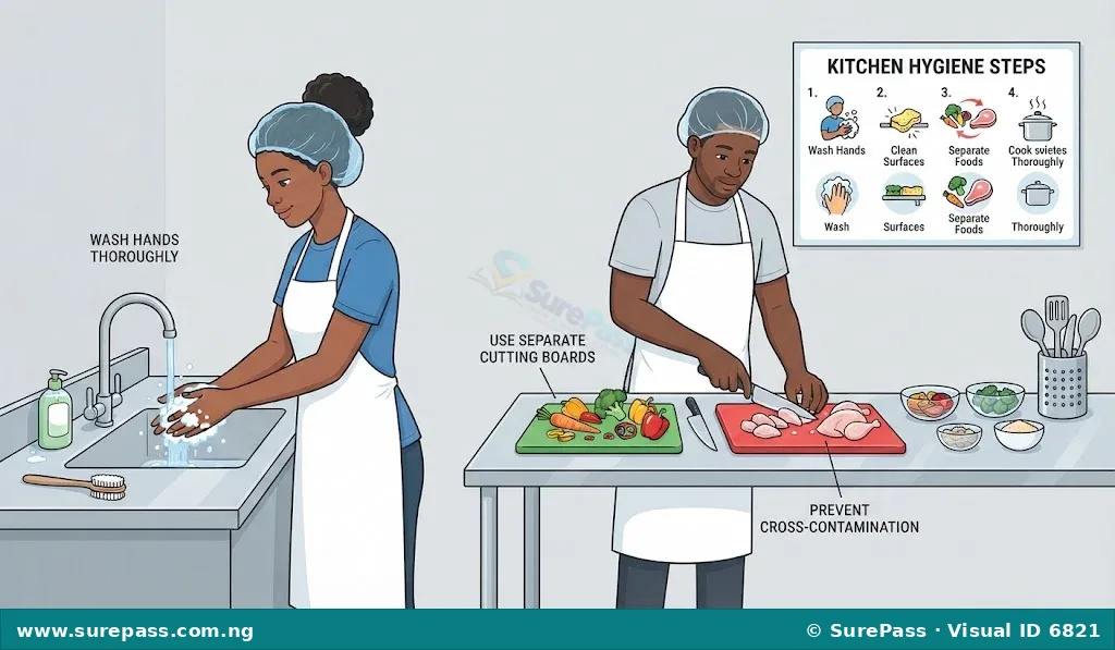 A clean kitchen with a person washing hands, another using separate cutting boards for raw meat and vegetables, and organised countertops.