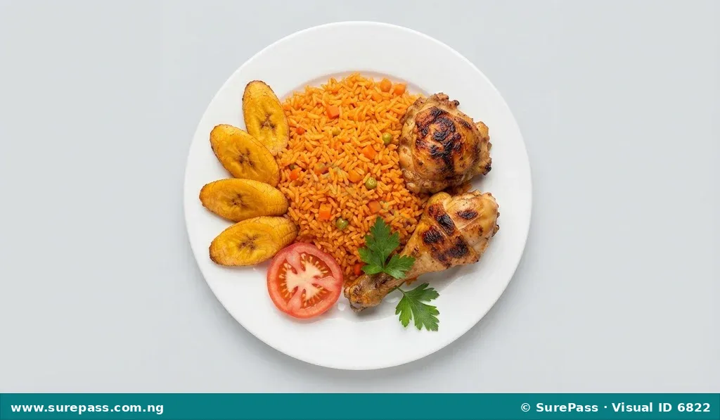 A beautifully presented plate of Jollof Rice with grilled chicken, plantain, and a parsley garnish.