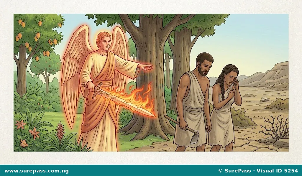 Adam and Eve being expelled from the Garden of Eden by an angel.