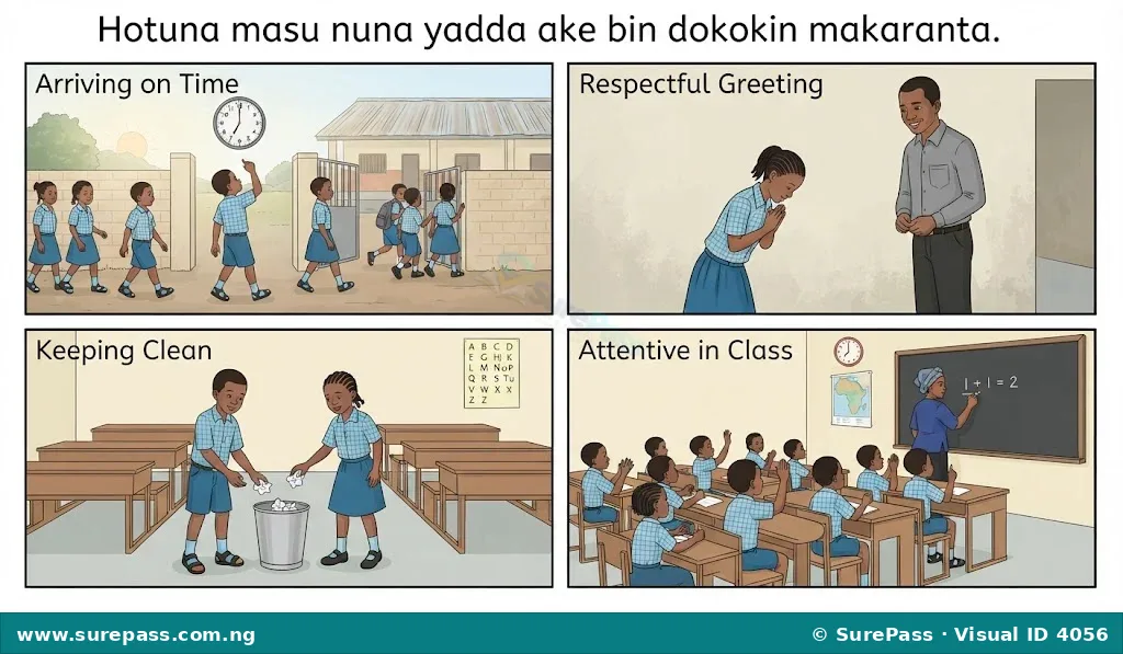 A collage of illustrations showing children following school rules like arriving on time, greeting teachers, keeping clean, and being quiet in class.