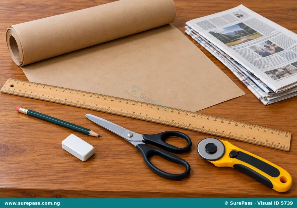 Pattern drafting tools including brown paper, ruler, scissors, pencil, and rotary cutter.