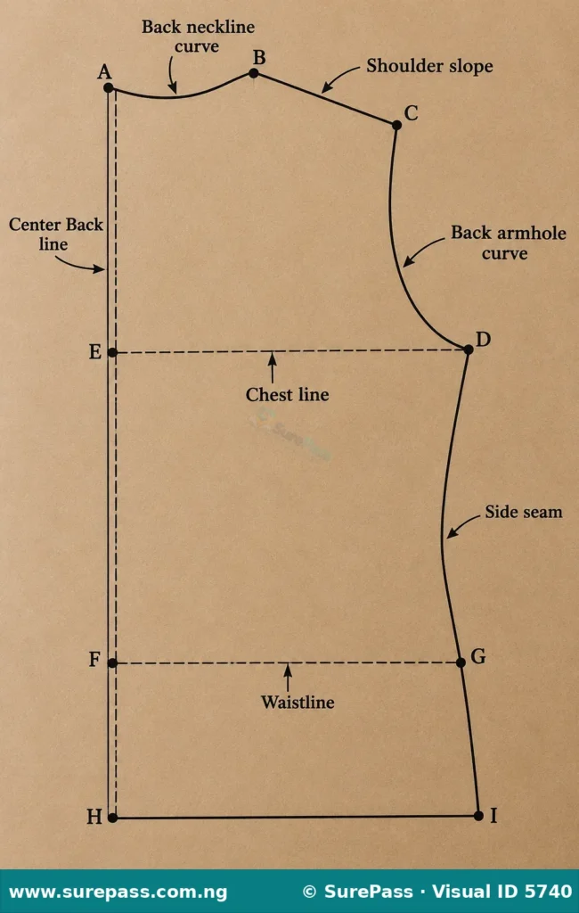 Labelled pattern draft of a basic back bodice showing neckline, shoulder, armhole, and waist.