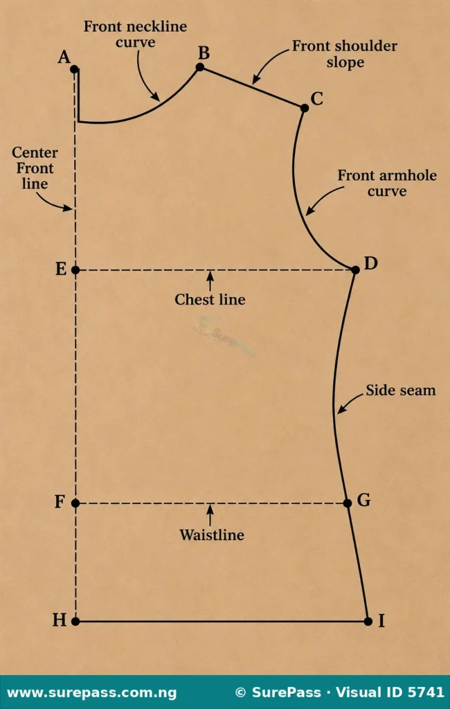 Labelled pattern draft of a basic front bodice showing deep neckline and armhole curves.