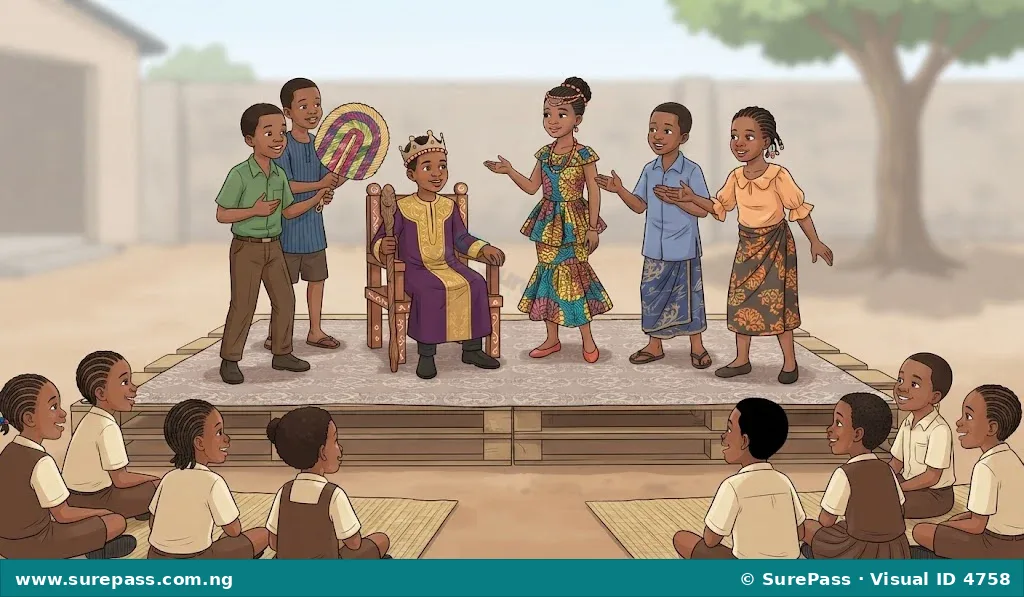 Nigerian children performing a drama on a stage, with actors dressed as a king, queen, and villagers.