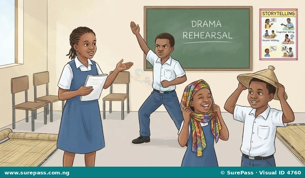 Nigerian children rehearsing a drama in a classroom, practicing lines and trying on simple costumes.