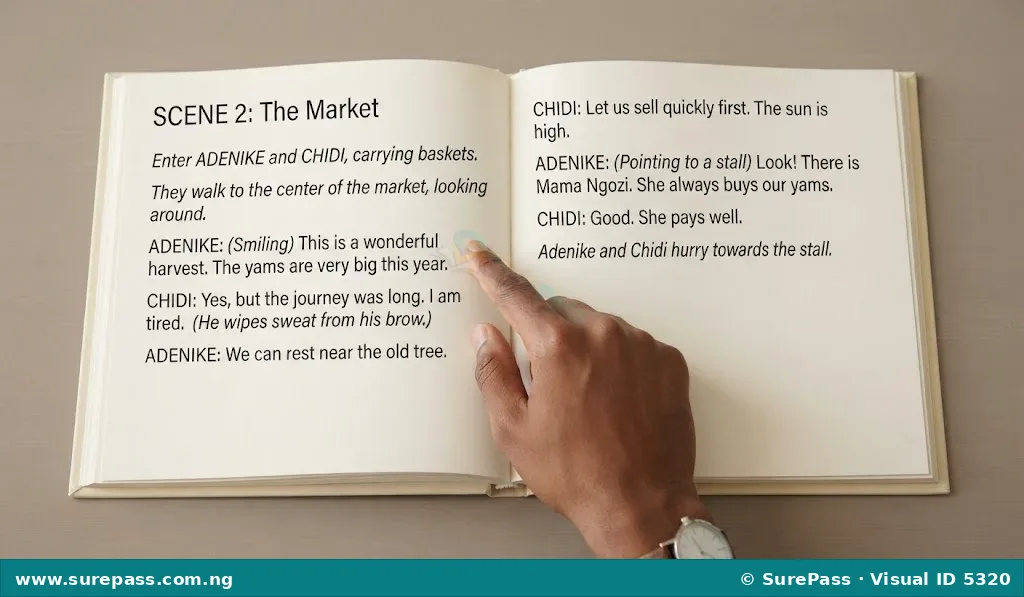 An open script book showing written dialogue and stage directions.