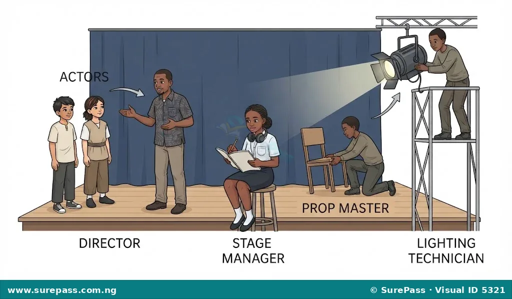 Illustration showing different drama personnel - a director, an actor, a stage manager, and a lighting technician.