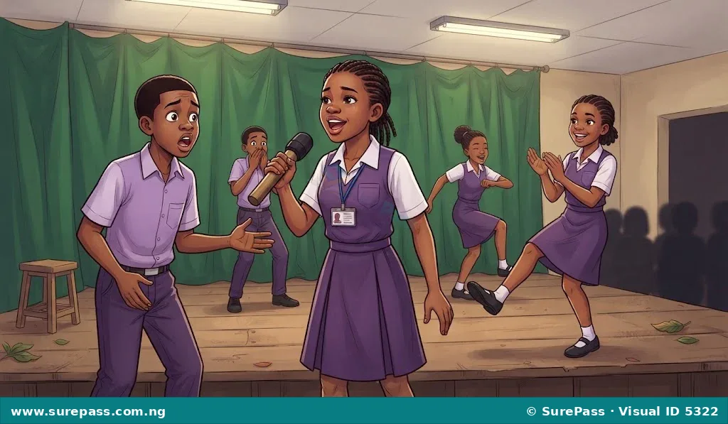 JSS1 students acting, singing, and dancing on a stage during a drama activity.