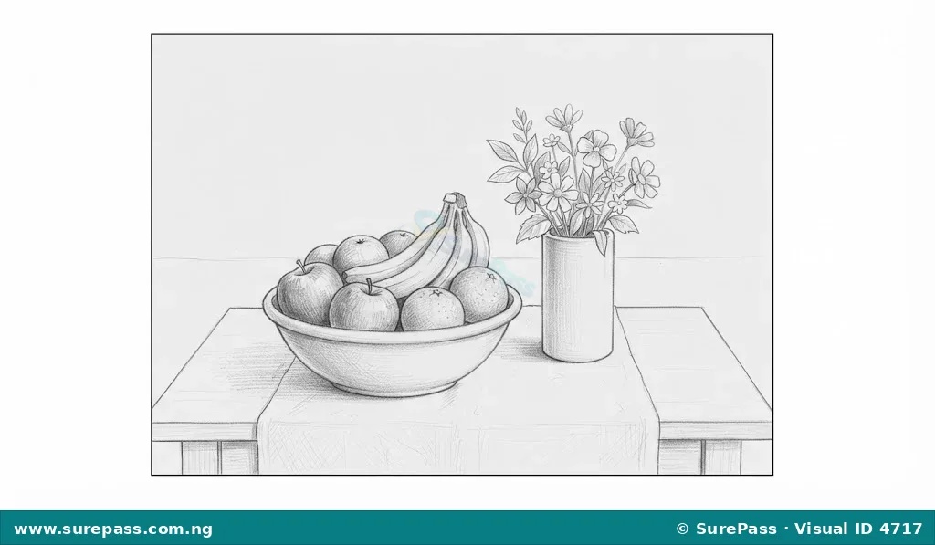 A pencil drawing of a bowl of fruits and a vase of flowers on a table.