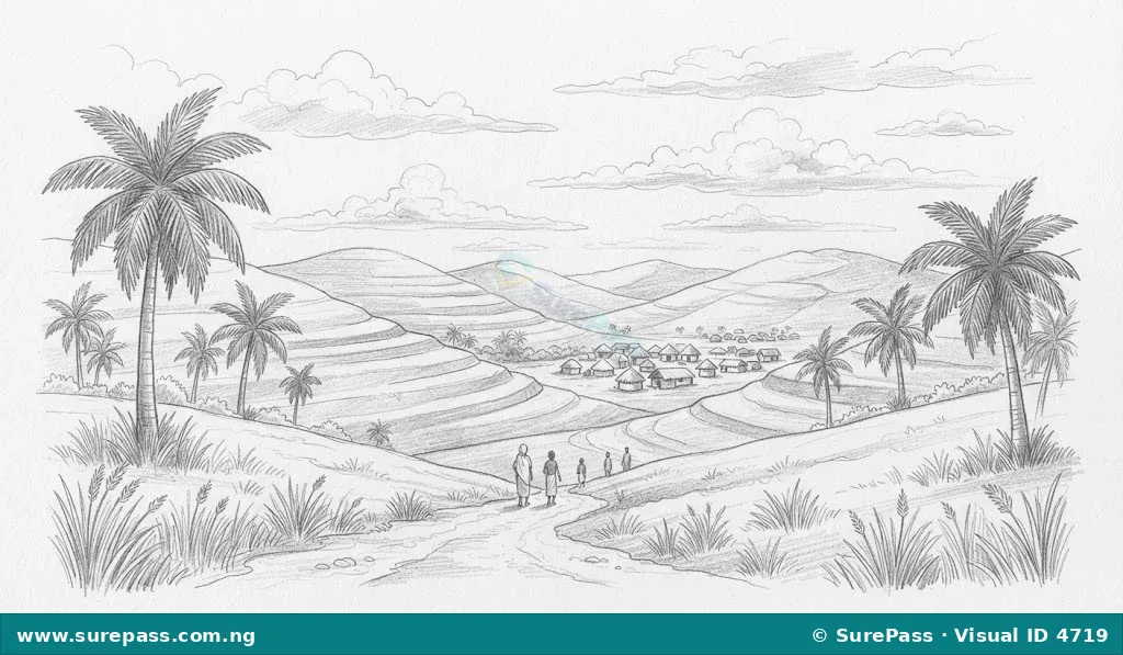 A pencil drawing of a Nigerian landscape with hills, palm trees, and a distant village.