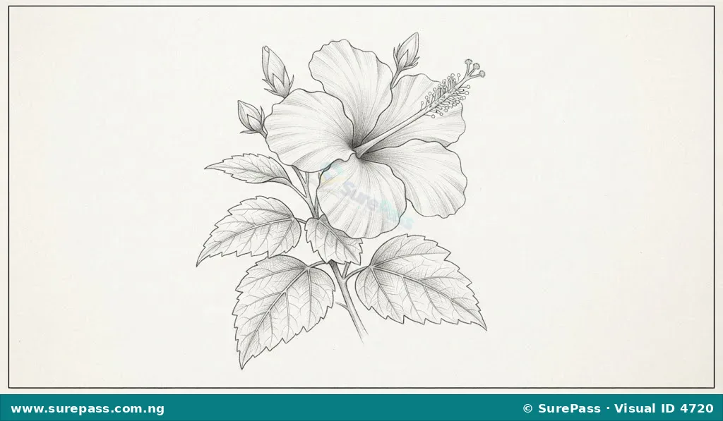 A detailed pencil drawing of a hibiscus flower and its leaves.