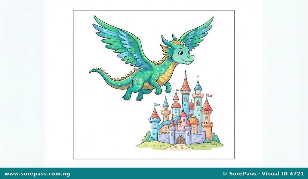 A colourful drawing of a friendly dragon flying over a whimsical castle.