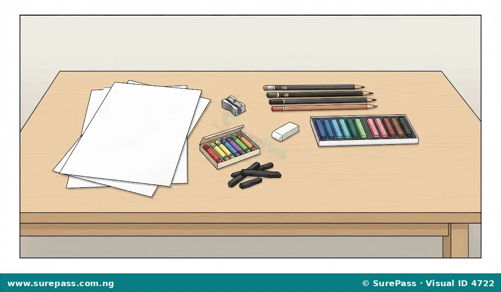 A collection of drawing materials including pencils, eraser, sharpener, paper, charcoal, crayons, and pastels.