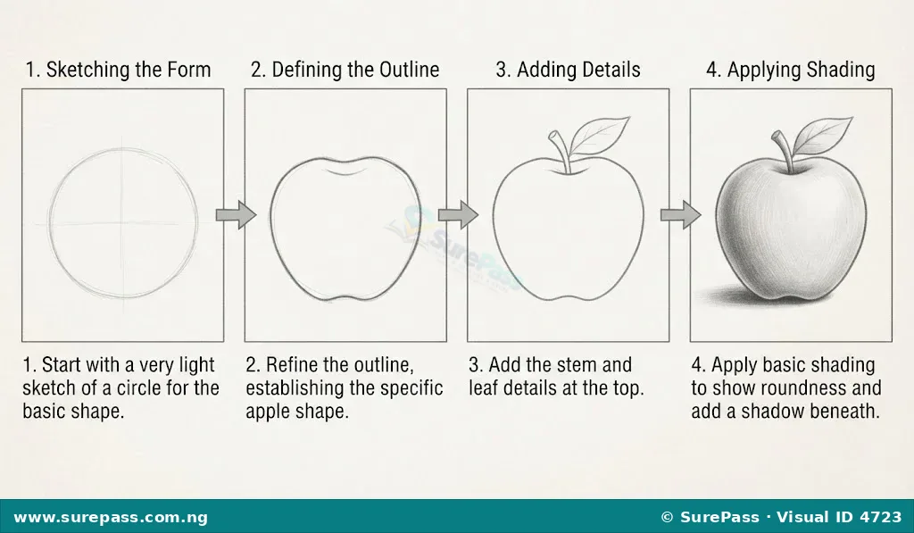 A four-step visual guide showing how to draw and shade an apple.