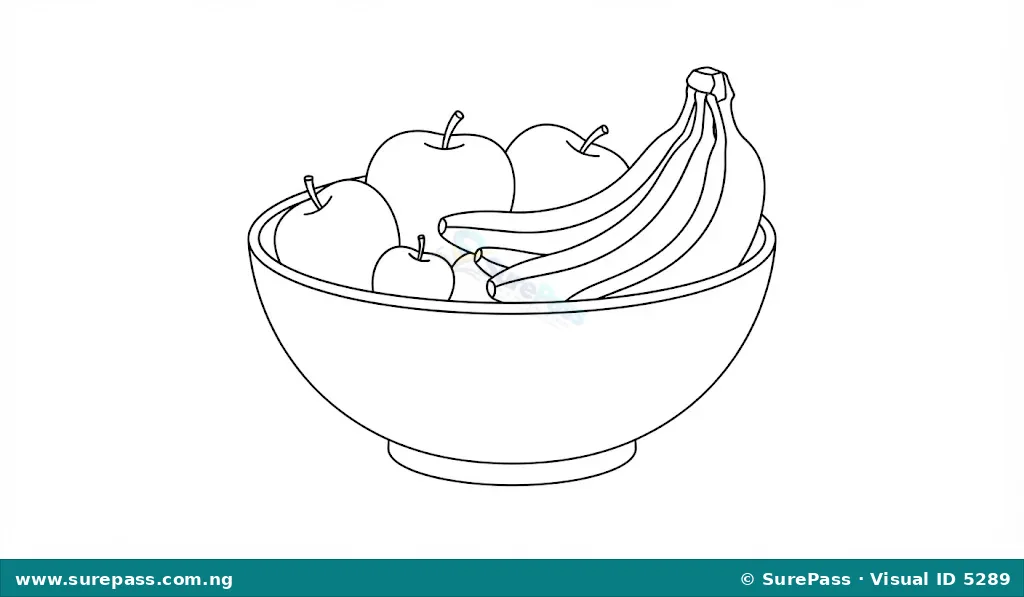 A simple line drawing showing the outlines of fruits in a bowl.