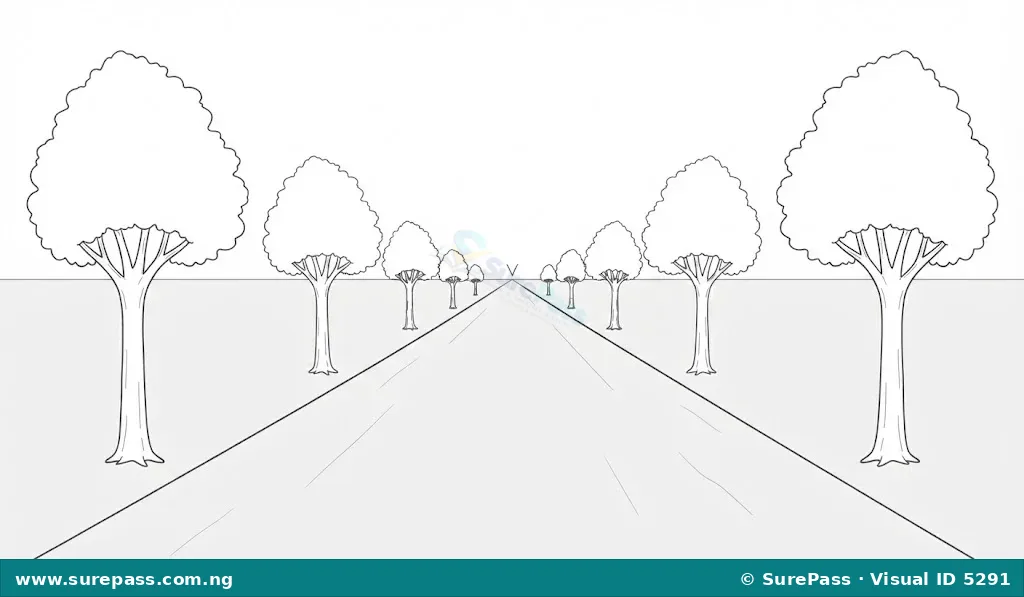 A road with trees on the side, showing objects getting smaller in the distance.