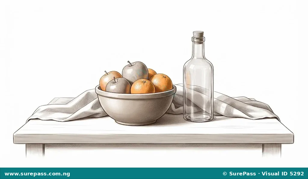 A still life drawing of fruits, a bottle, and cloth.