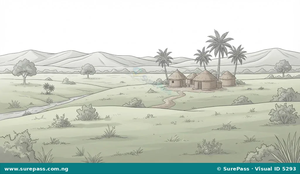 A landscape drawing of a rural scene with hills and palm trees.