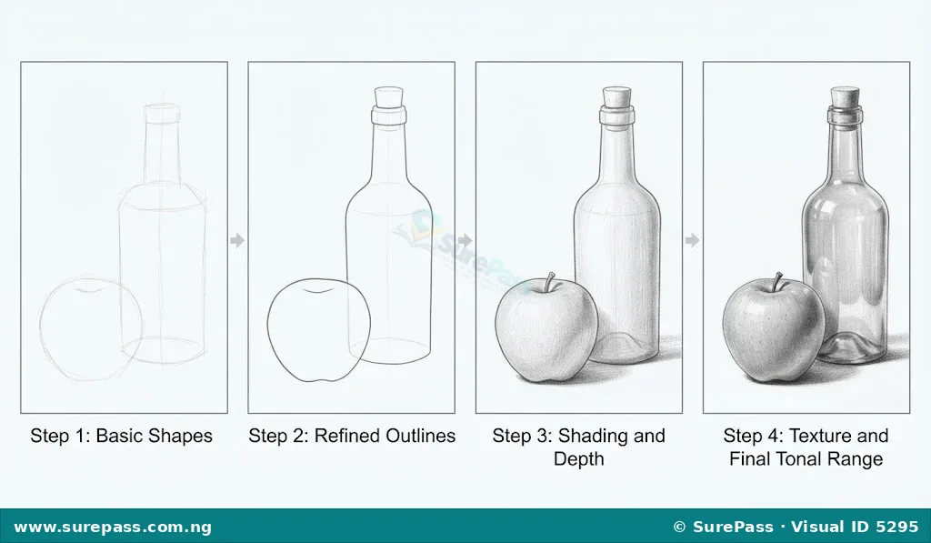 Four steps showing how to draw a still life.