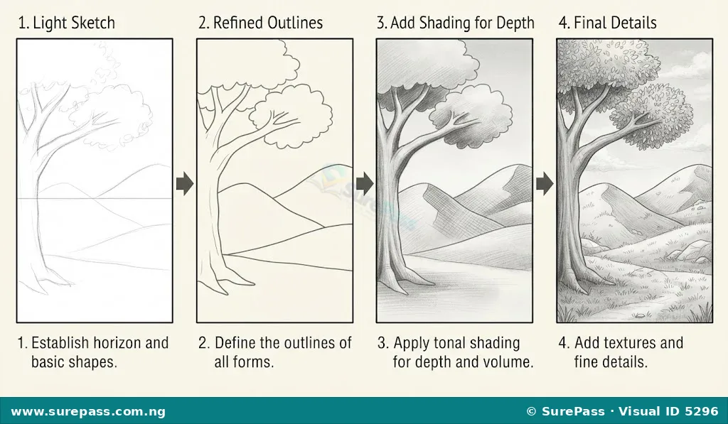Four steps showing how to draw a landscape.