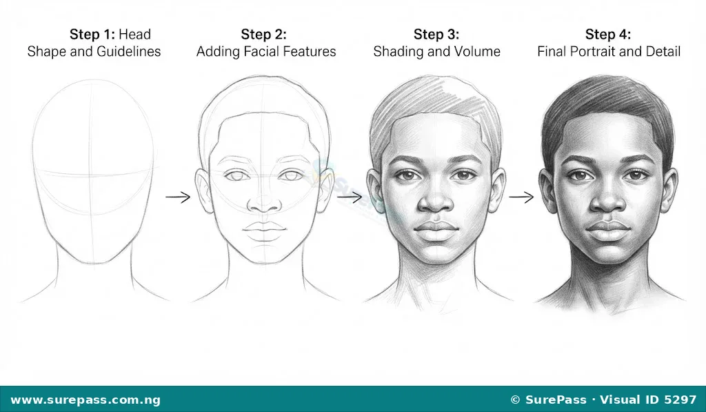 Four steps showing how to draw a self-portrait using a mirror.