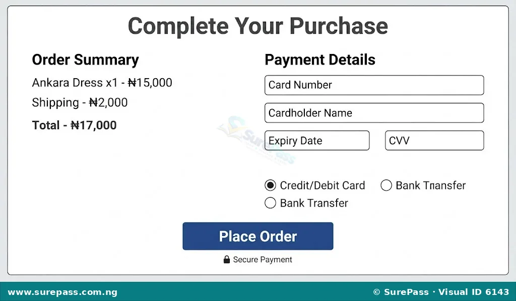 A mock payment page showing an order summary, fields for card details, payment method options, and a "Place Order" button.
