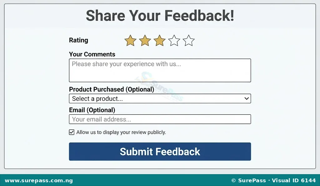 A mock customer feedback form with a star rating, comment box, optional product and email fields, and a submit button.