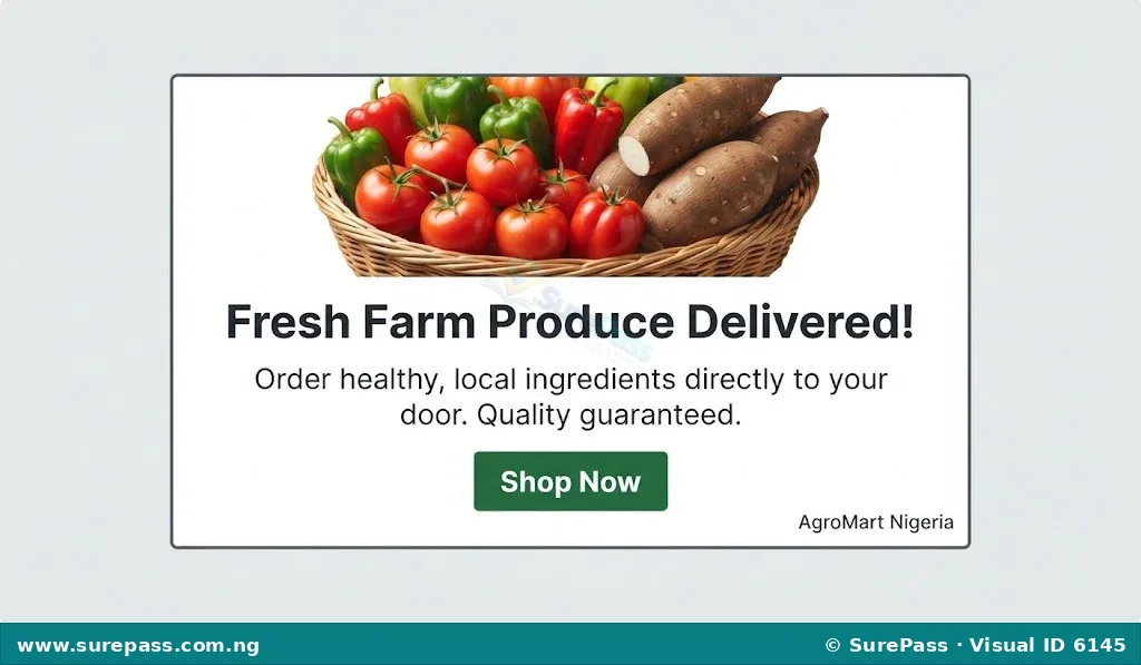 A mock online advertisement for fresh farm produce, showing an image of vegetables, a headline "Fresh Farm Produce Delivered!", a description, and a "Shop Now" button.